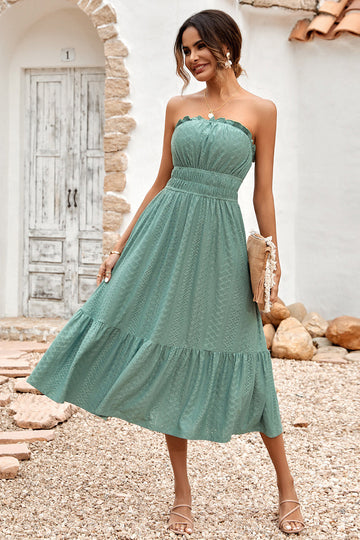 Vestido de Verano Verde Sin Tirantes A-Línea Midi